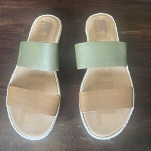 Sorel Women's 10.5 Ella II Slide Leather Flat Sandals Olive Shade/brown